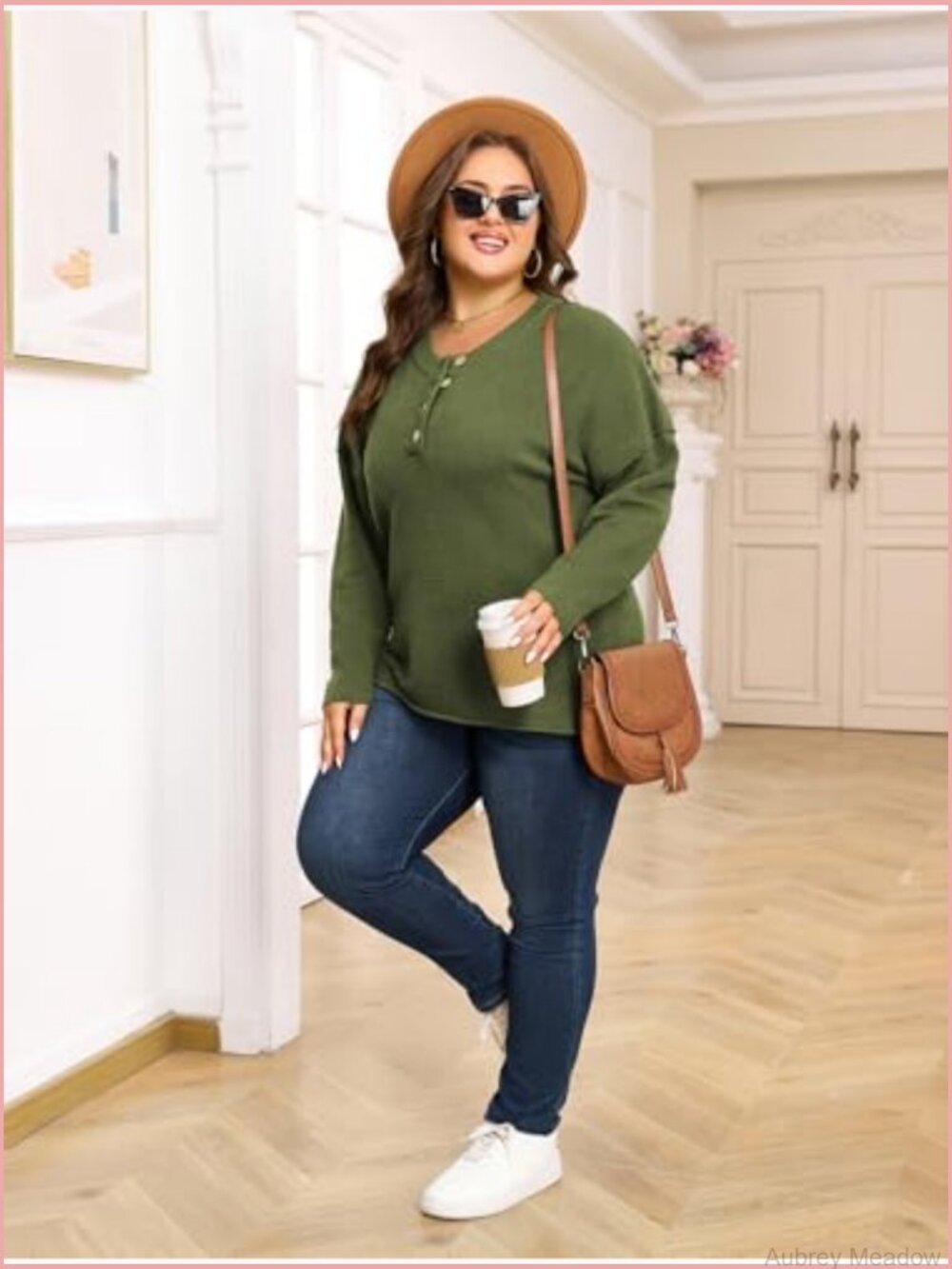 Plus Size Long Sleeve V Neck Button Henley Sweater Top Loose Knit Pullover - Picture 6 of 7